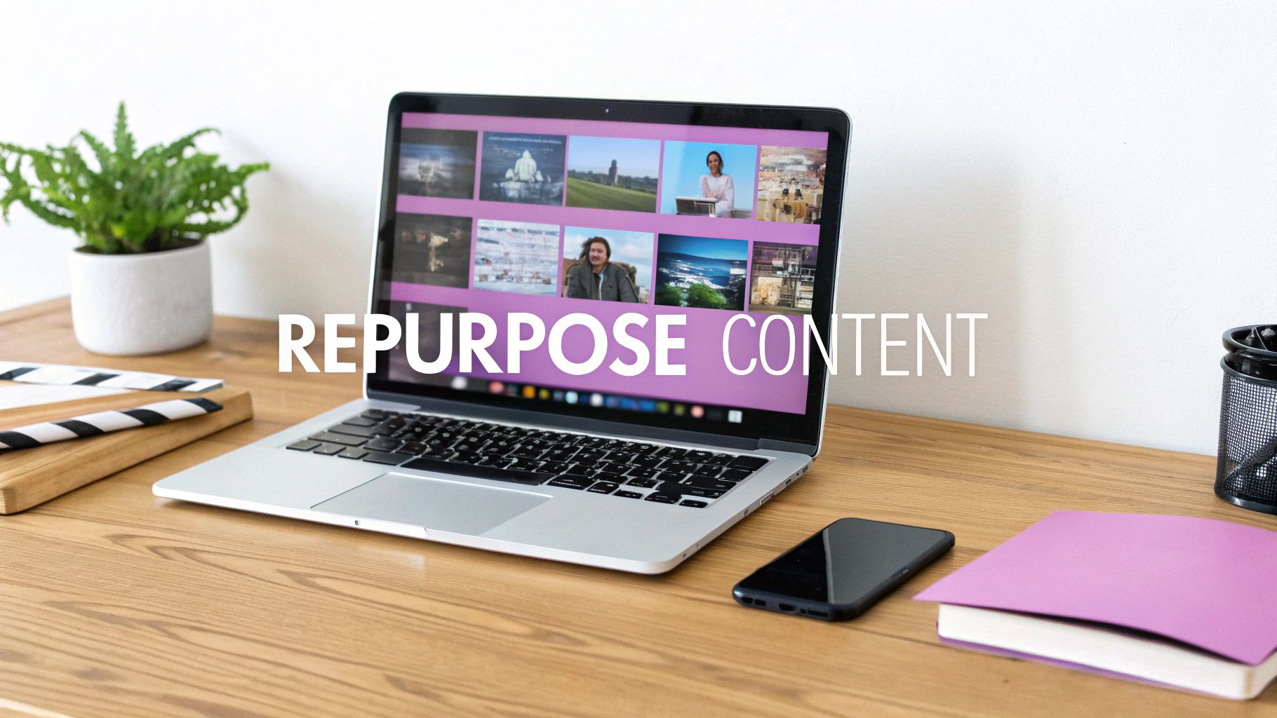 A laptop displaying video thumbnails with 'REPURPOSE CONTENT' text on a wooden desk with office items.