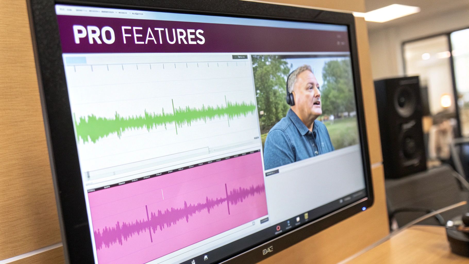 A computer monitor displays 'PRO FEATURES' with audio waveforms and a video of a man speaking.