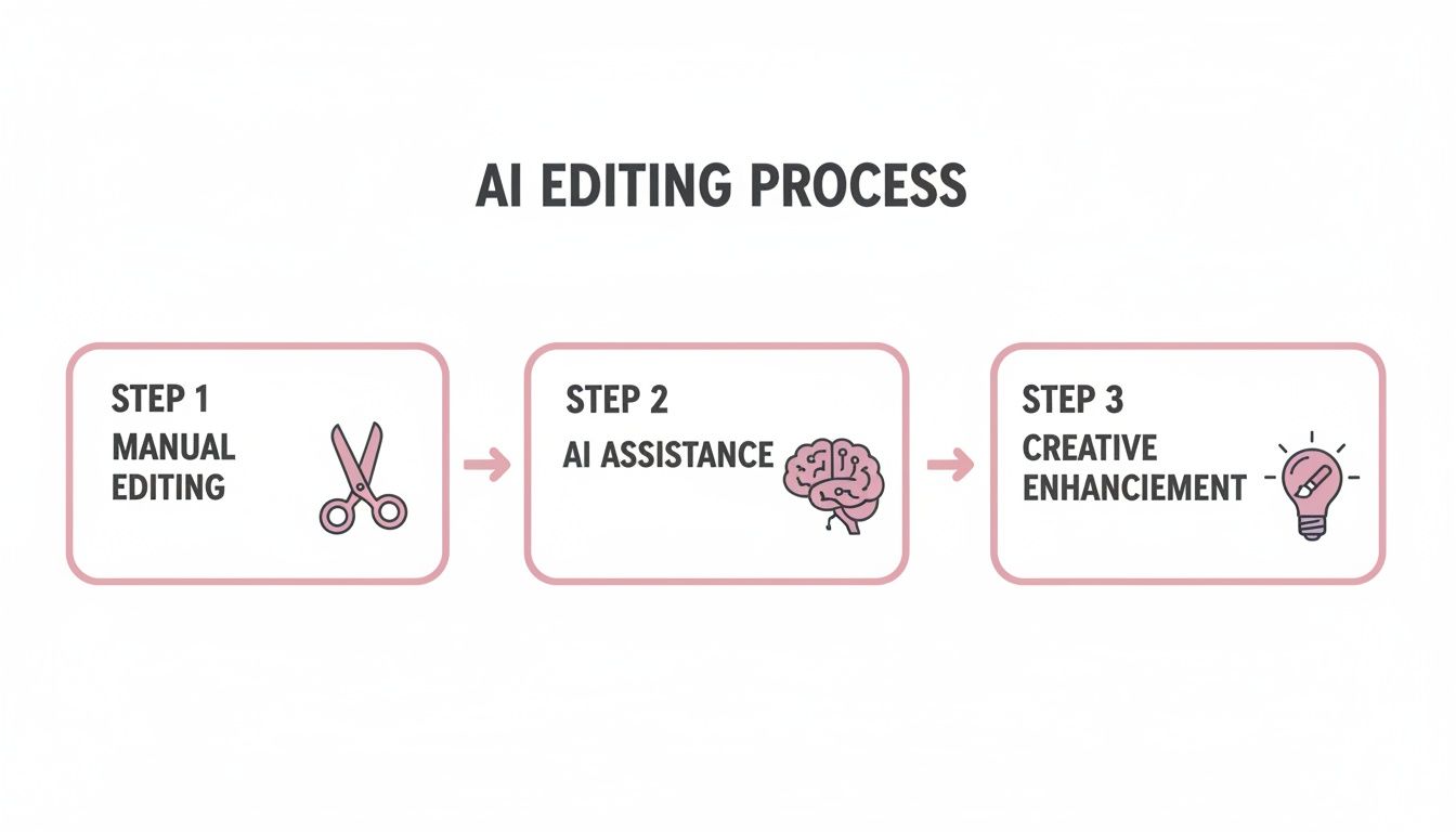 A flowchart outlining the AI editing process with three steps: manual editing, AI assistance, and creative enhancement.
