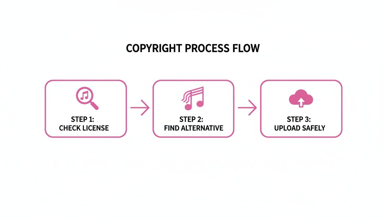 A three-step copyright process flow for music, including checking licenses, finding alternatives, and safe uploading.