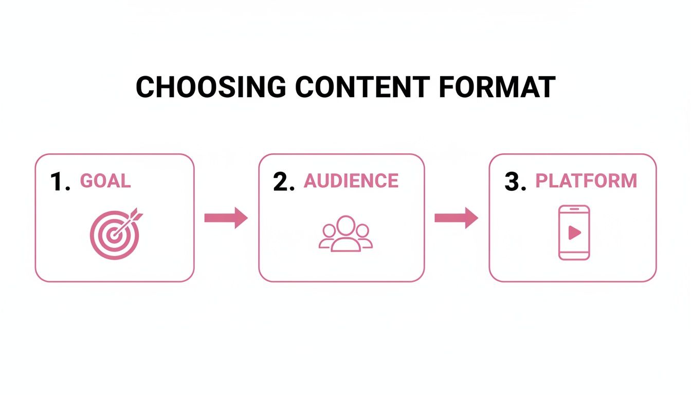 Diagram showing three steps for choosing content format: Goal (target icon), Audience (people icon), and Platform (mobile icon).