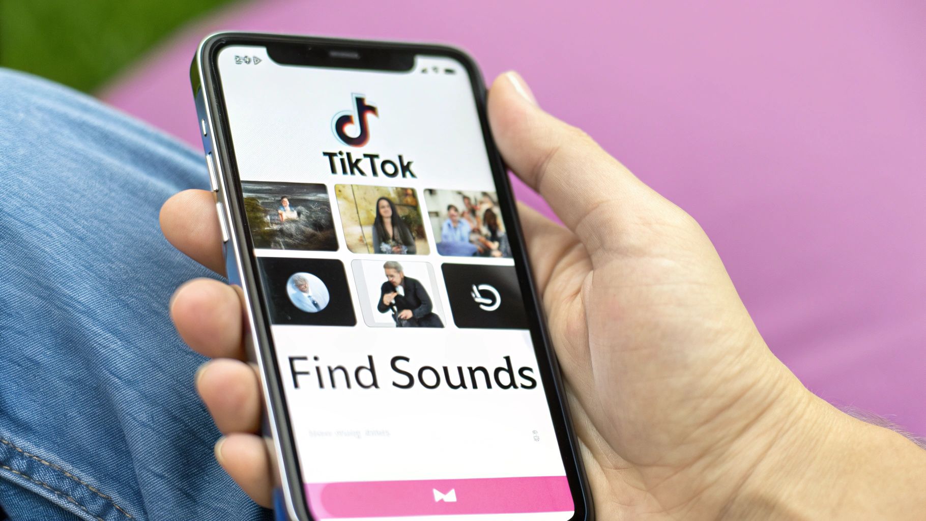 Person holding an iPhone displaying the TikTok app's 'Find Sounds' feature.