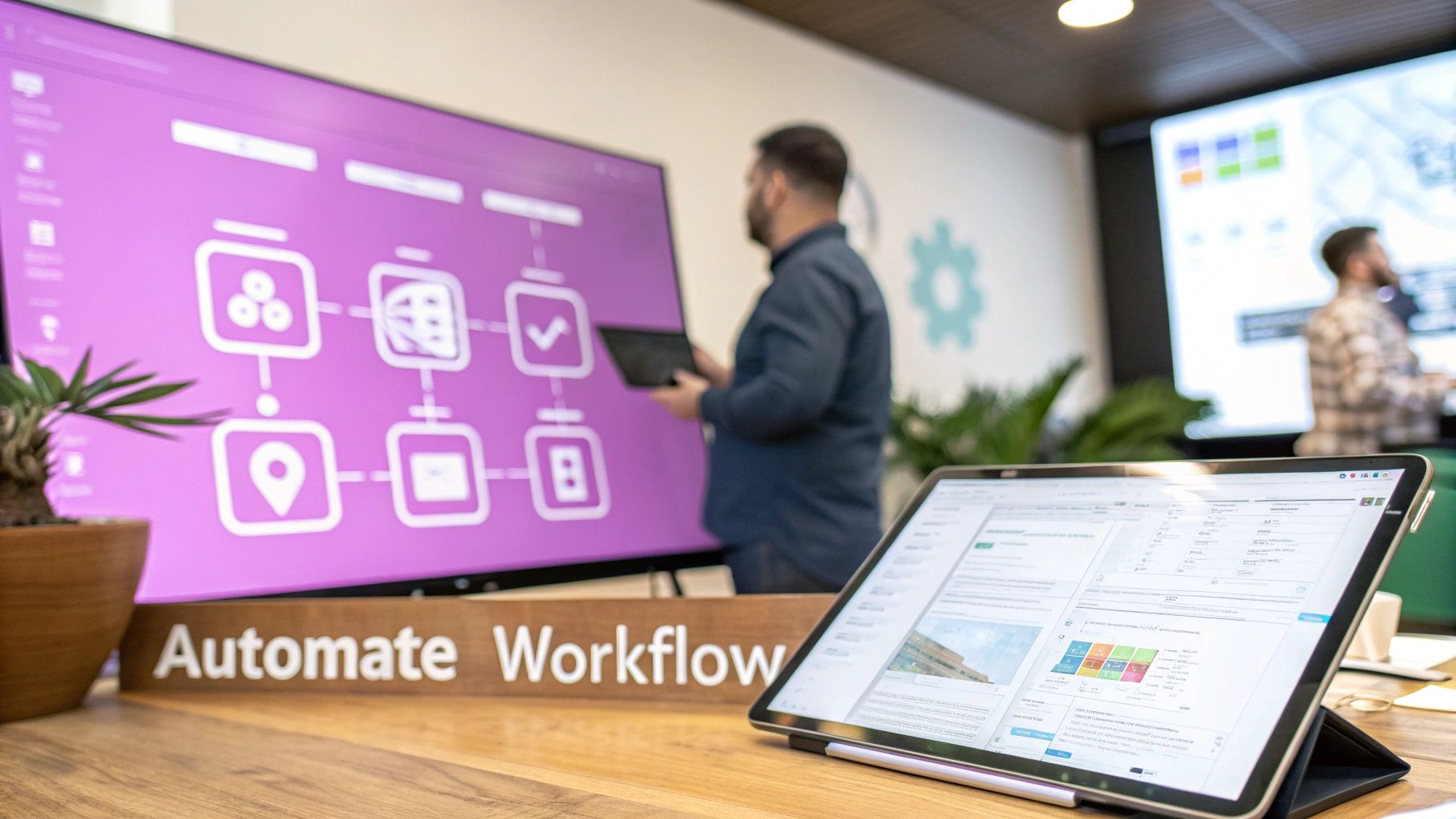 Business professionals use large screens and tablets to design and automate workflows.