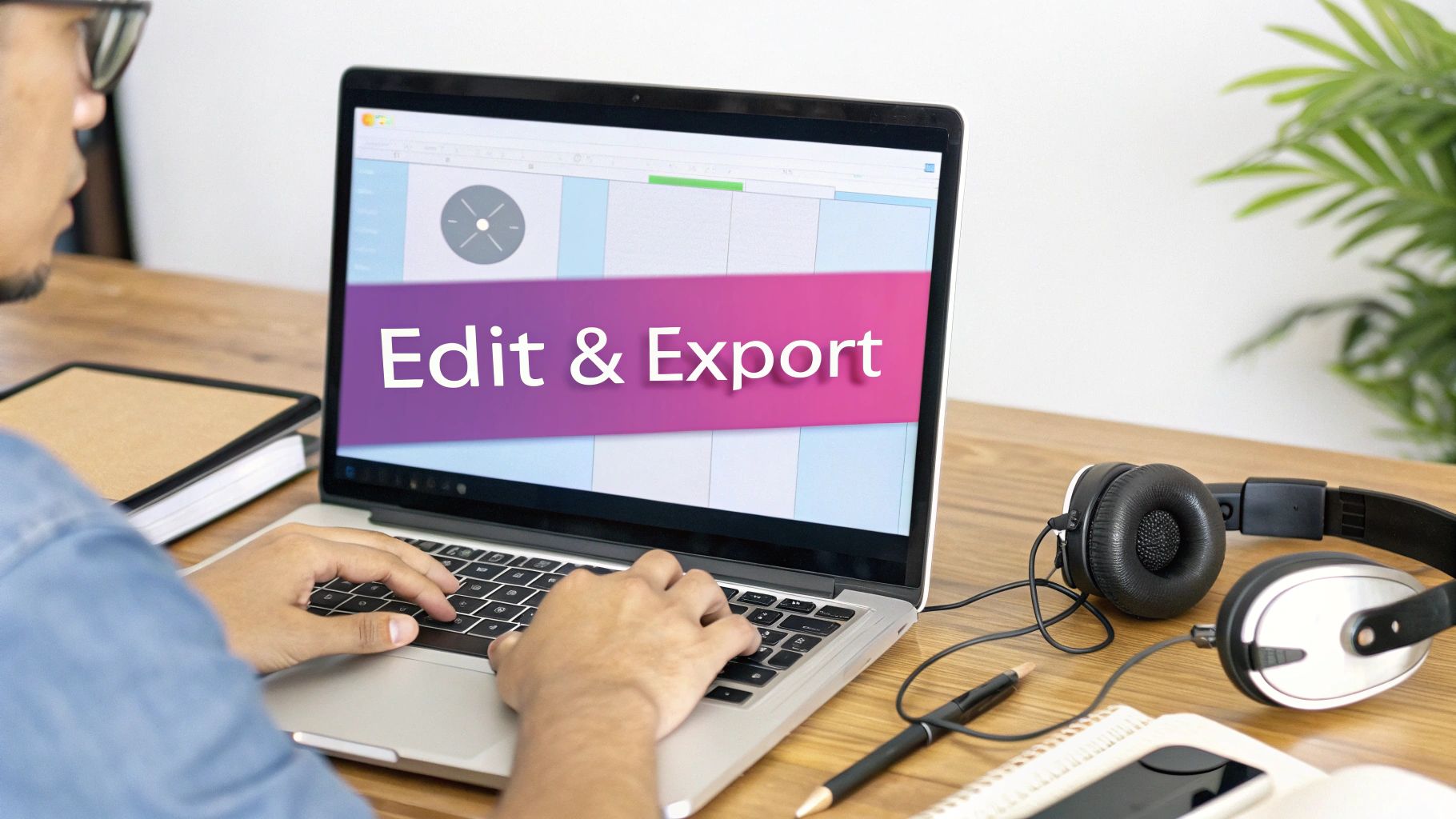 Person editing and exporting video content on a laptop, with headphones on a wooden desk.