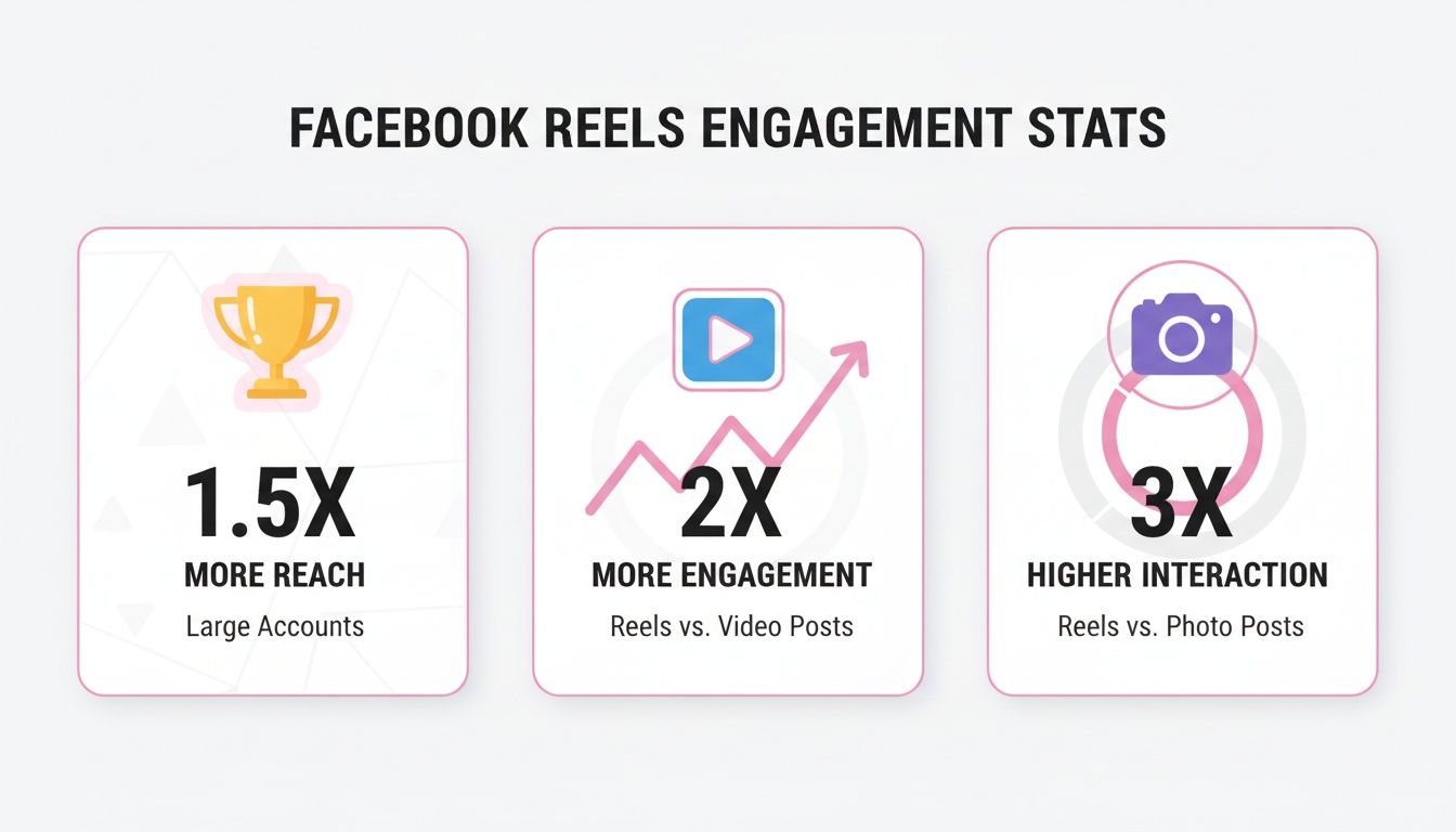 Infographic showing Facebook Reels engagement statistics: 1.5x more reach for large accounts, 2x more engagement than video posts, and 3x higher interaction than photo posts.