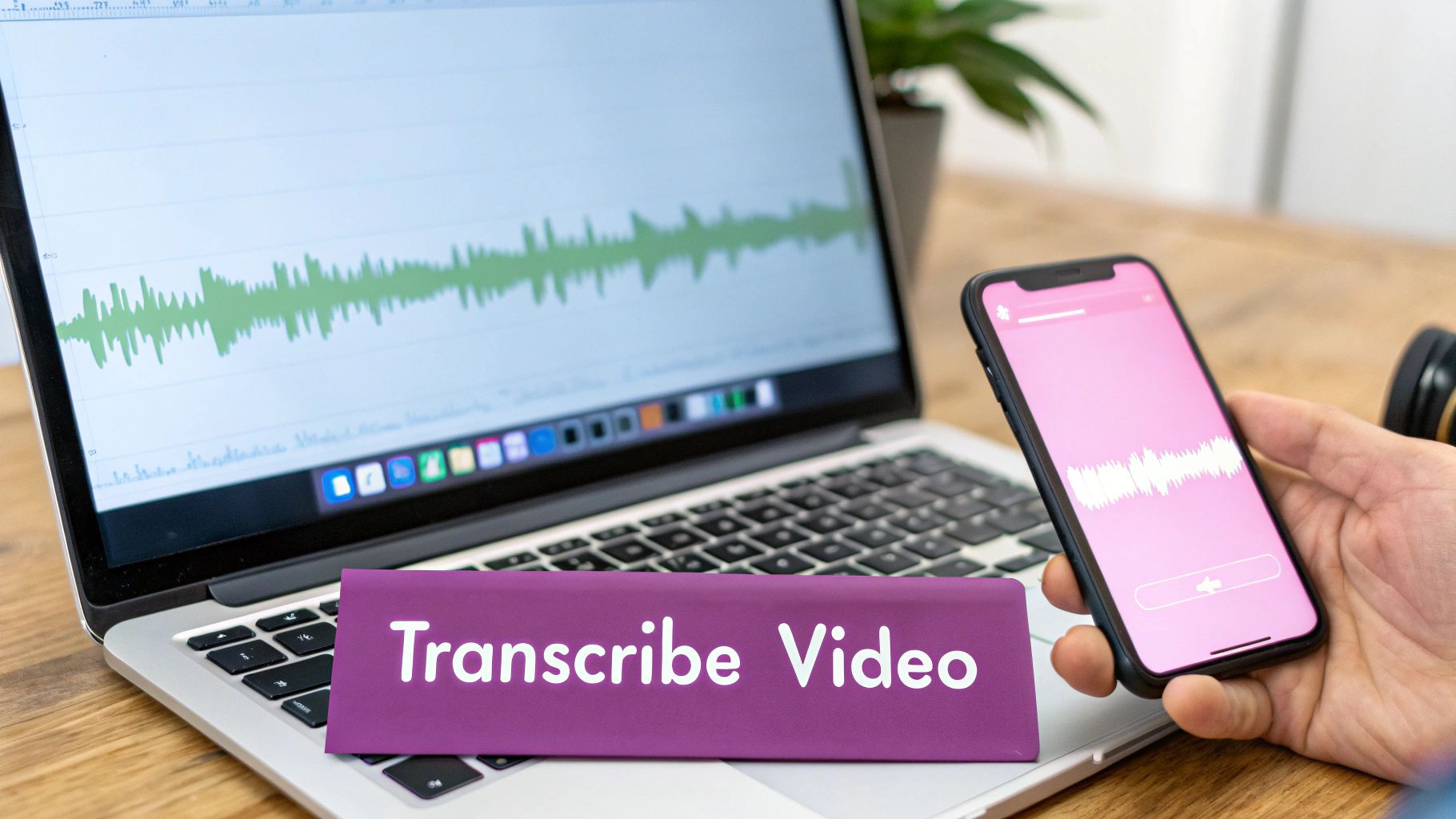 A person transcribing video using a smartphone and laptop, both displaying audio waveforms.