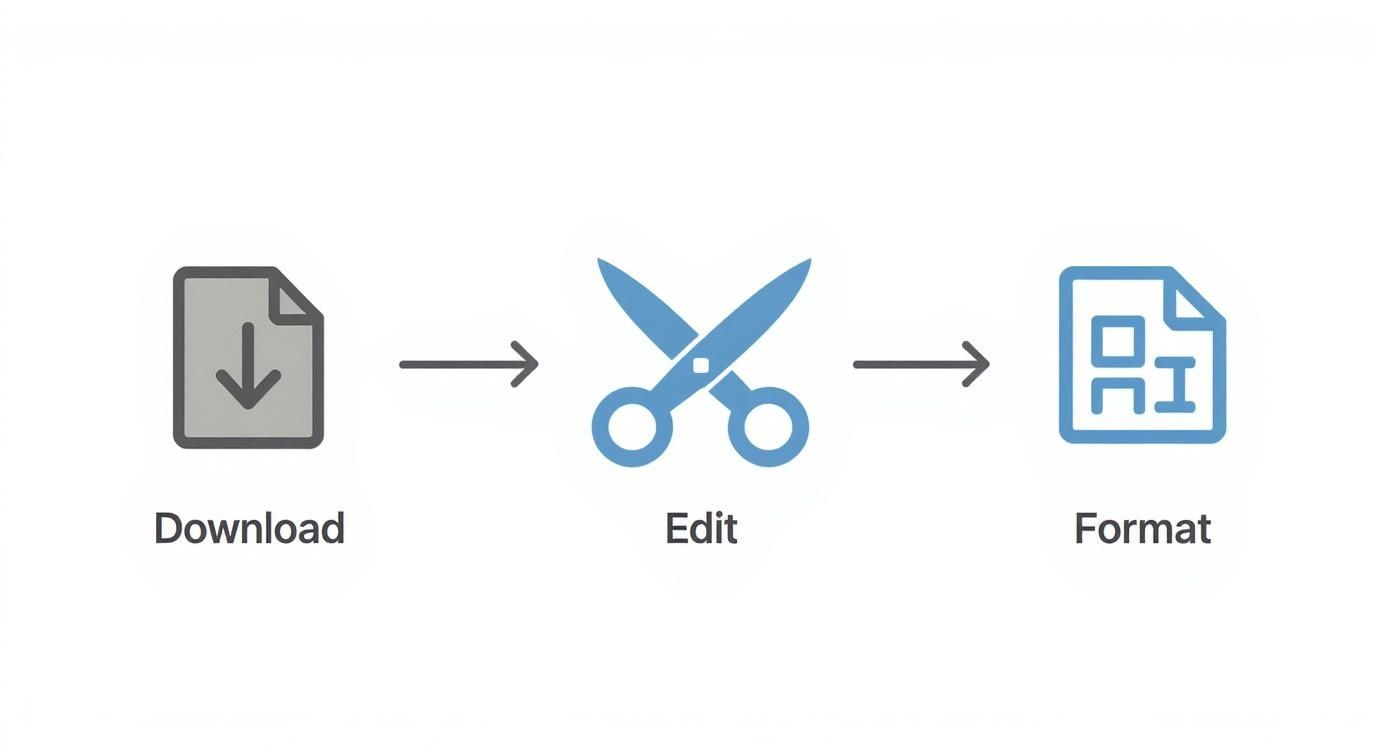 A visual diagram illustrating a file processing workflow: download, edit with scissors, and format.