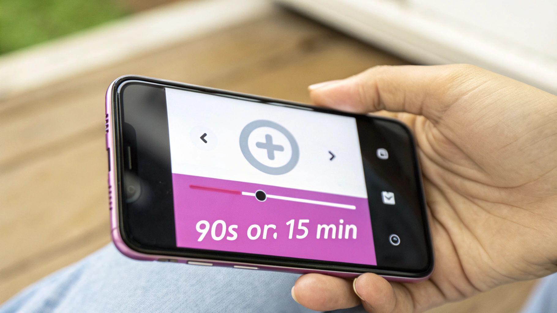 A hand holds a smartphone horizontally, displaying a mobile app interface with a time slider and '90s or. 15 min'.