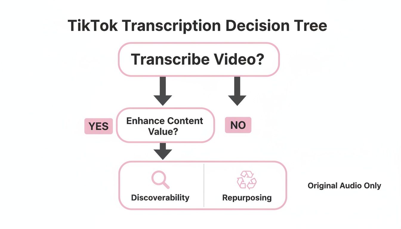 A TikTok transcription decision tree outlines choices for transcribing videos to enhance content value.