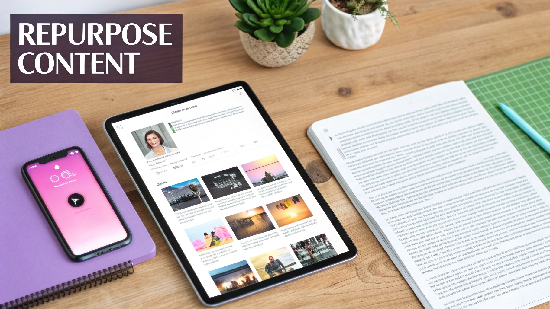 Overhead view of a wooden desk with a tablet, smartphone, and notebook. Text reads 'REPURPOSE CONTENT'.