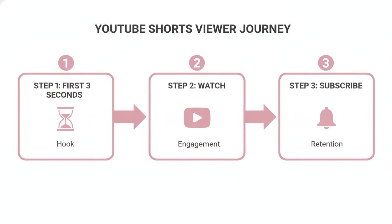 Flowchart illustrating the YouTube Shorts viewer journey: first 3 seconds hook, watch for engagement, subscribe for retention.