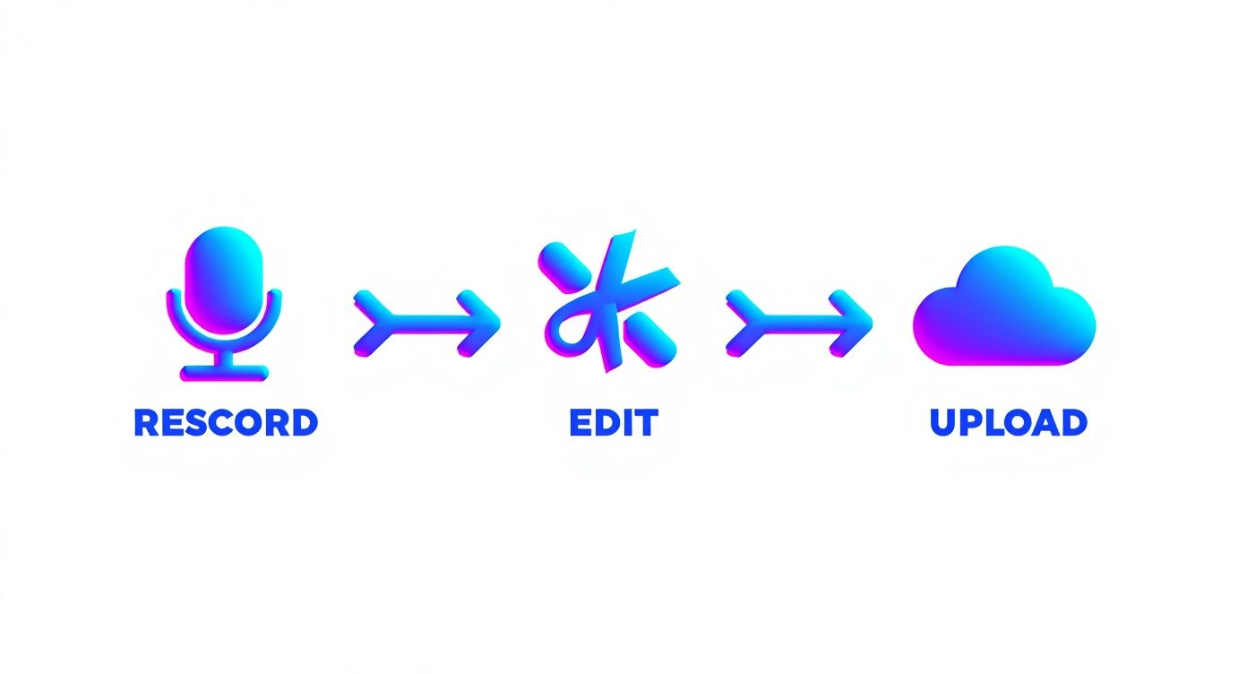 A vibrant graphic illustrating a three-step workflow: record, edit, and upload, with respective icons.