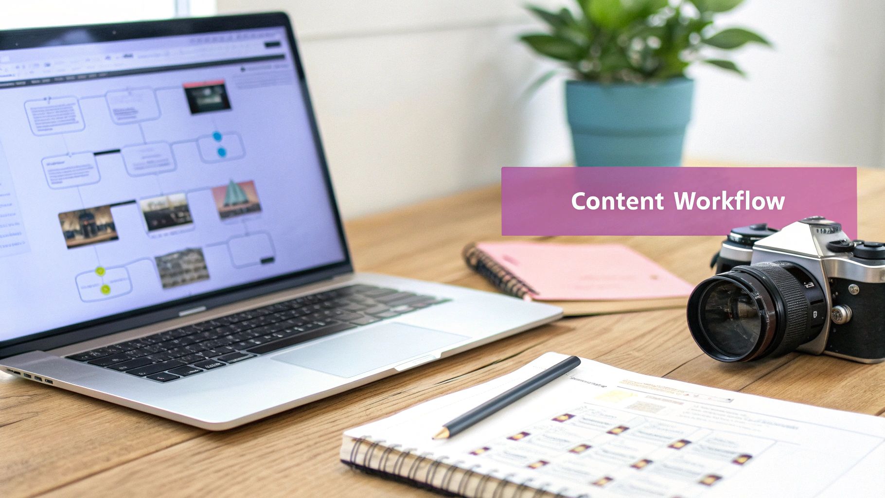 A modern workspace with a laptop displaying a content workflow, camera, and notebook on a wooden table.