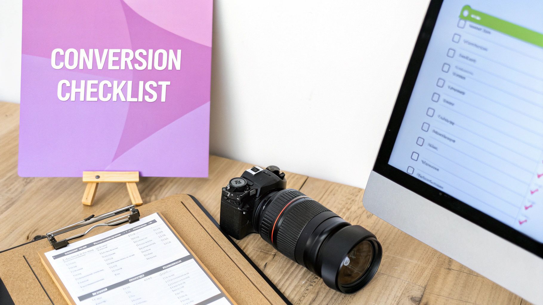 A workspace with a "Conversion Checklist" sign, camera, clipboard, and computer displaying a digital checklist.