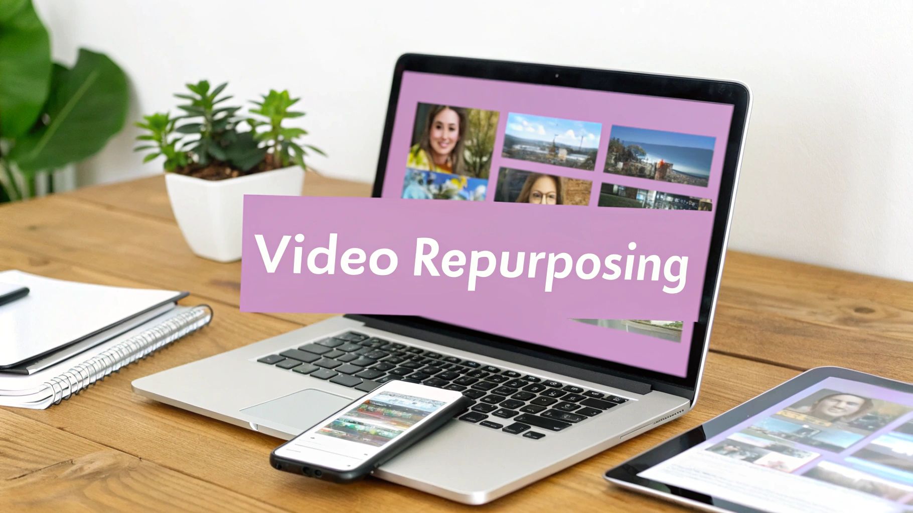 A laptop, smartphone, and tablet on a wooden desk displaying video content with a 'Video Repurposing' banner.
