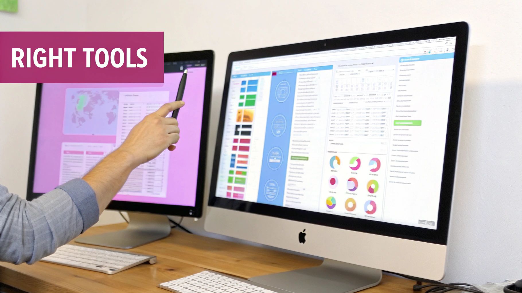 A person pointing a stylus at a computer screen displaying data dashboards and charts, on a wooden desk.