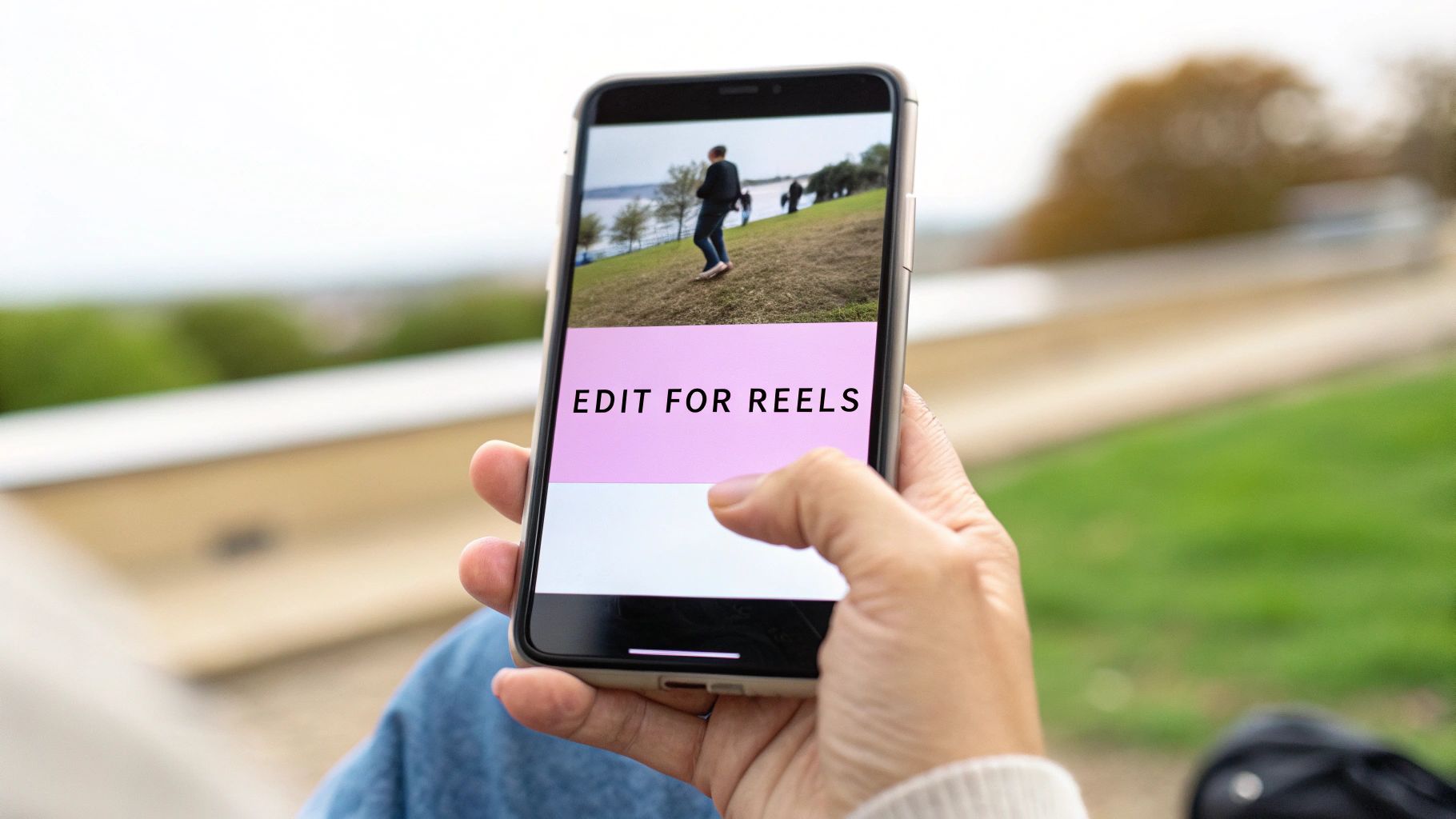 Person holding smartphone displaying Edit for Reels text overlay on outdoor video content