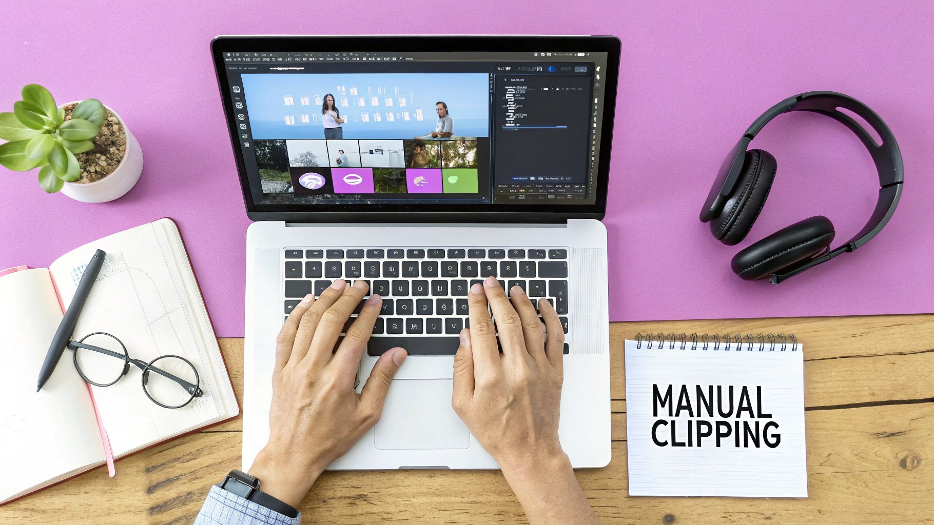 Person editing videos on a laptop with a 'Manual Clipping' note, plant, and headphones.