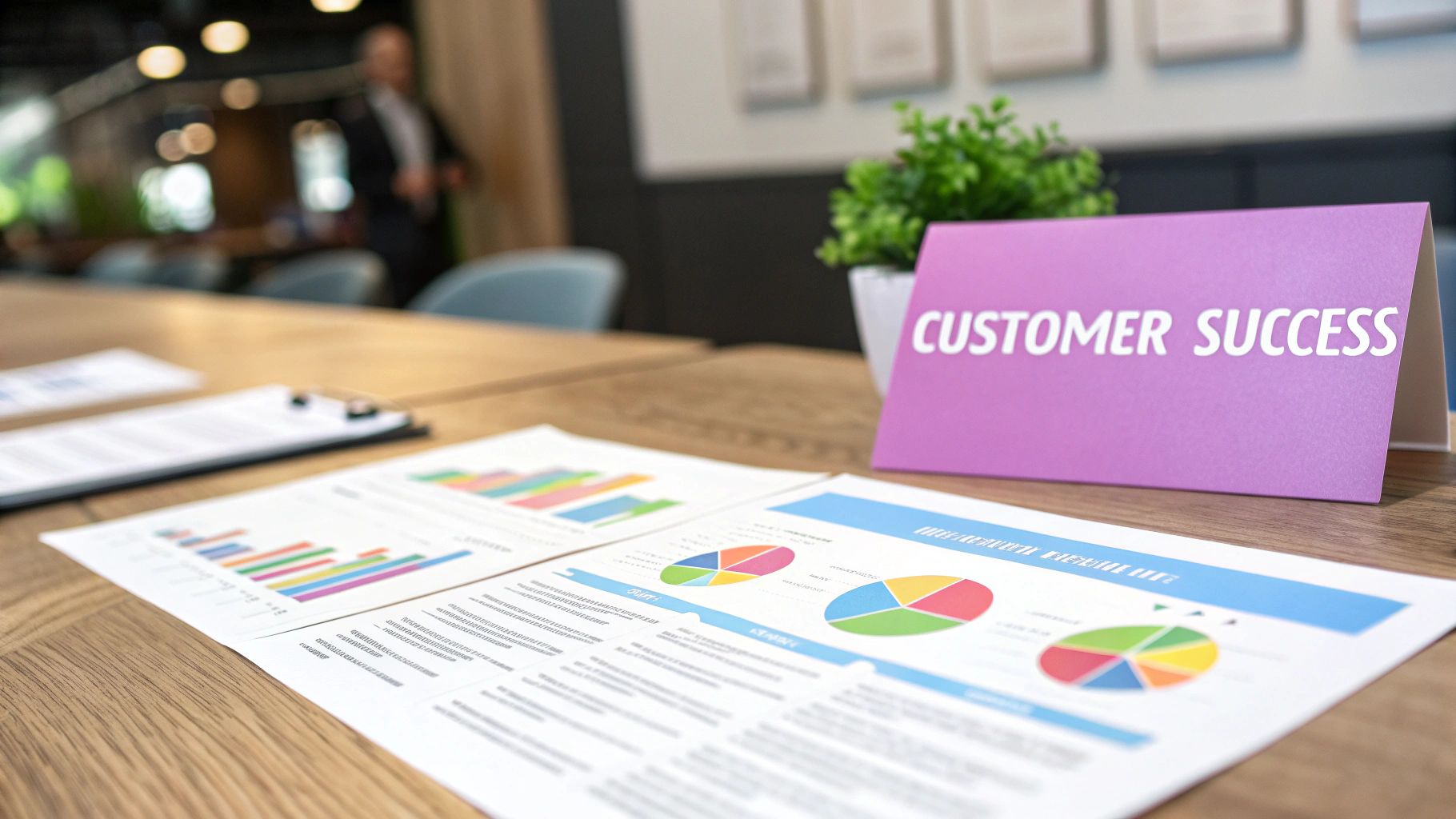 A meeting room with a 'CUSTOMER SUCCESS' sign, pie charts, bar graphs, and a blurred person.