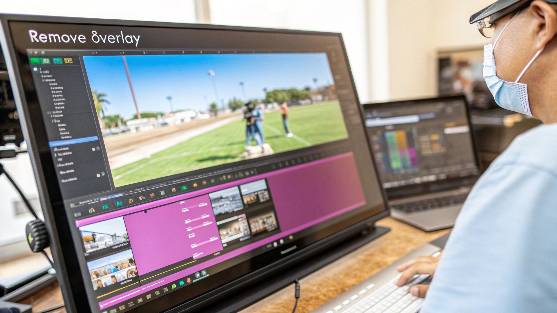 A person in a face mask edits video footage on a large professional monitor, showing a timeline and field scene.
