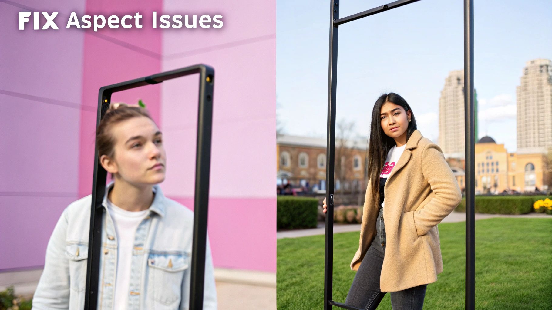 Two young women are framed by black rectangles, against pink wall and outdoor park backgrounds.