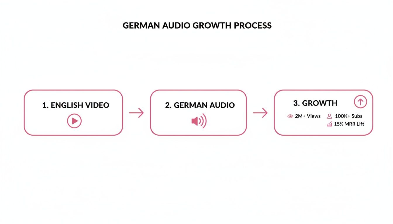 Flowchart illustrating the German audio growth process, from an English video to German audio, leading to significant growth metrics.