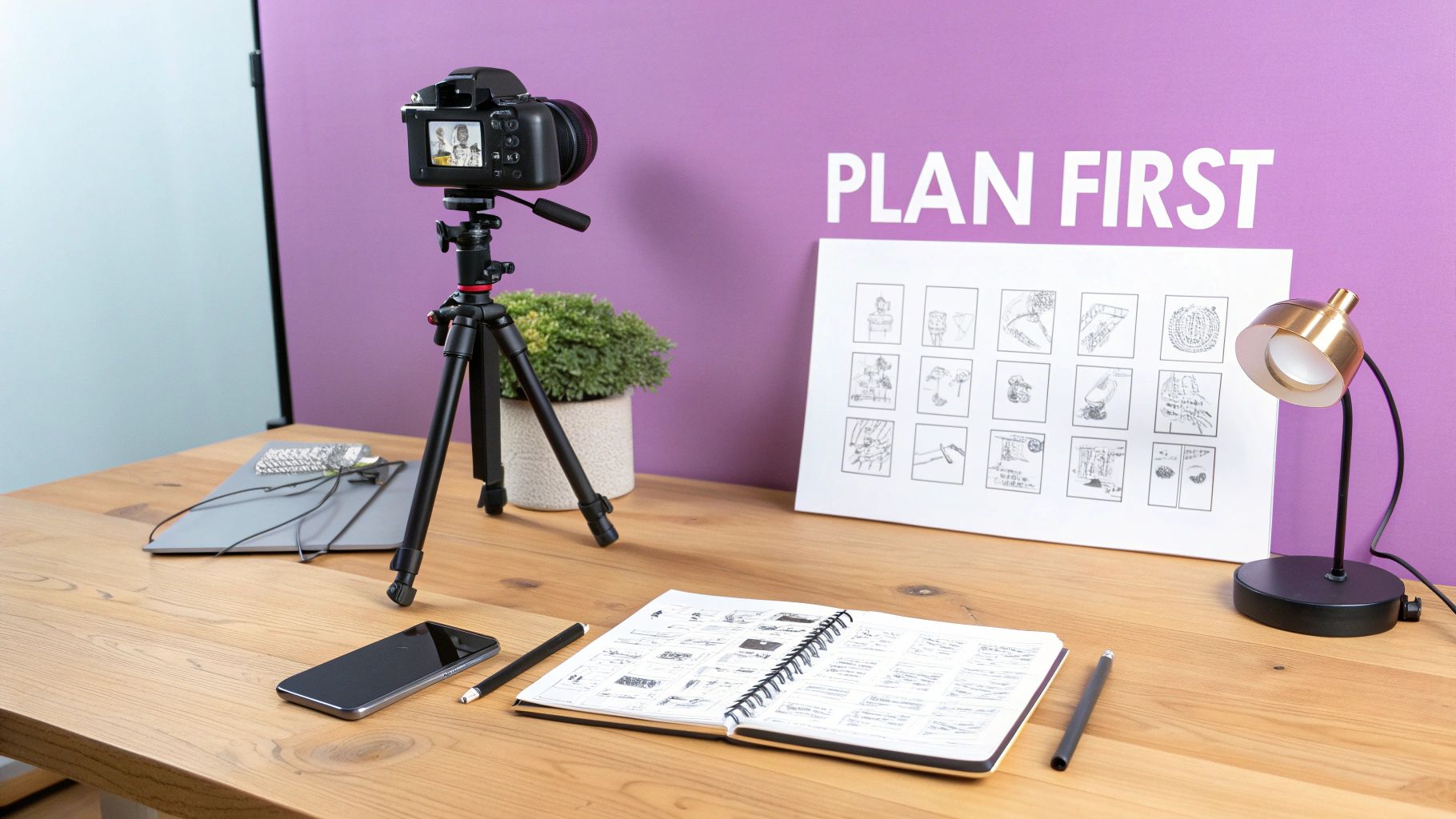 A desk setup with a camera on a tripod, a storyboard, and a notebook for planning video content.