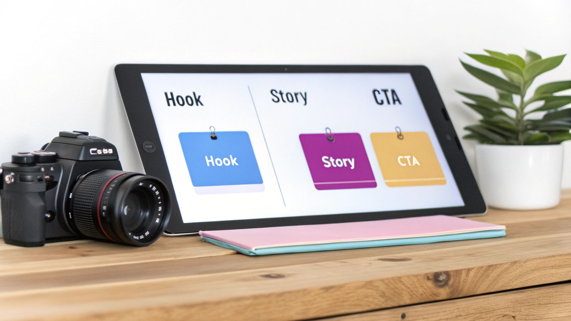 A person's desk with a laptop, phone displaying Instagram, notebook, and coffee, arranged for content planning.