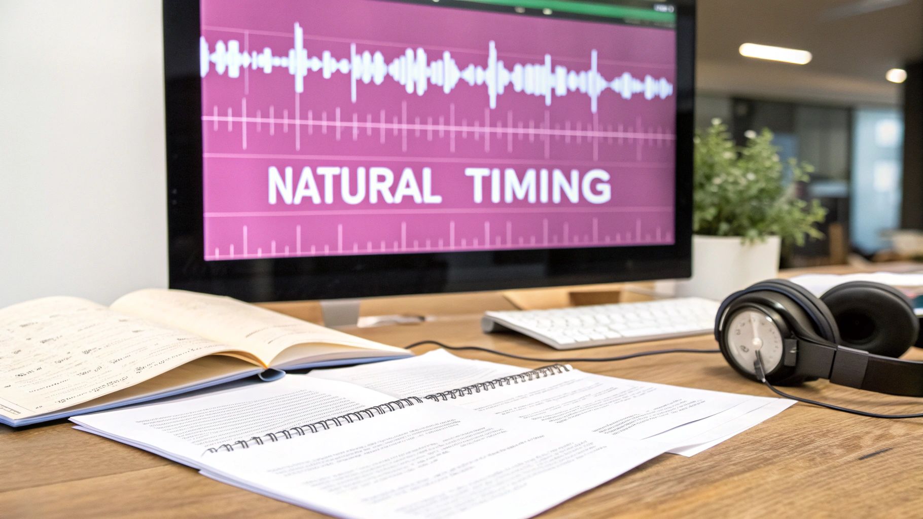 A desk setup featuring a monitor displaying audio waveforms and 'NATURAL TIMING' text, with headphones and documents.