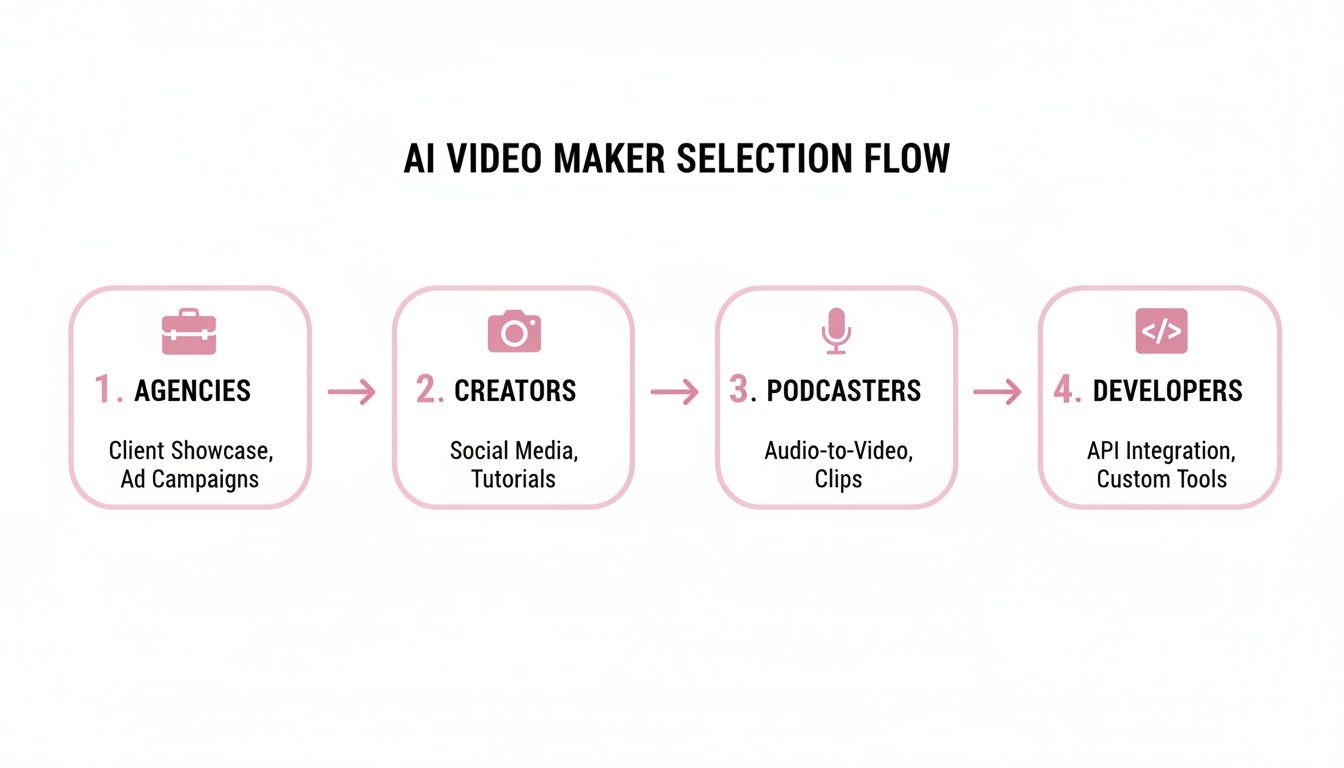 A flow chart outlining the AI video maker selection process for agencies, creators, podcasters, and developers.