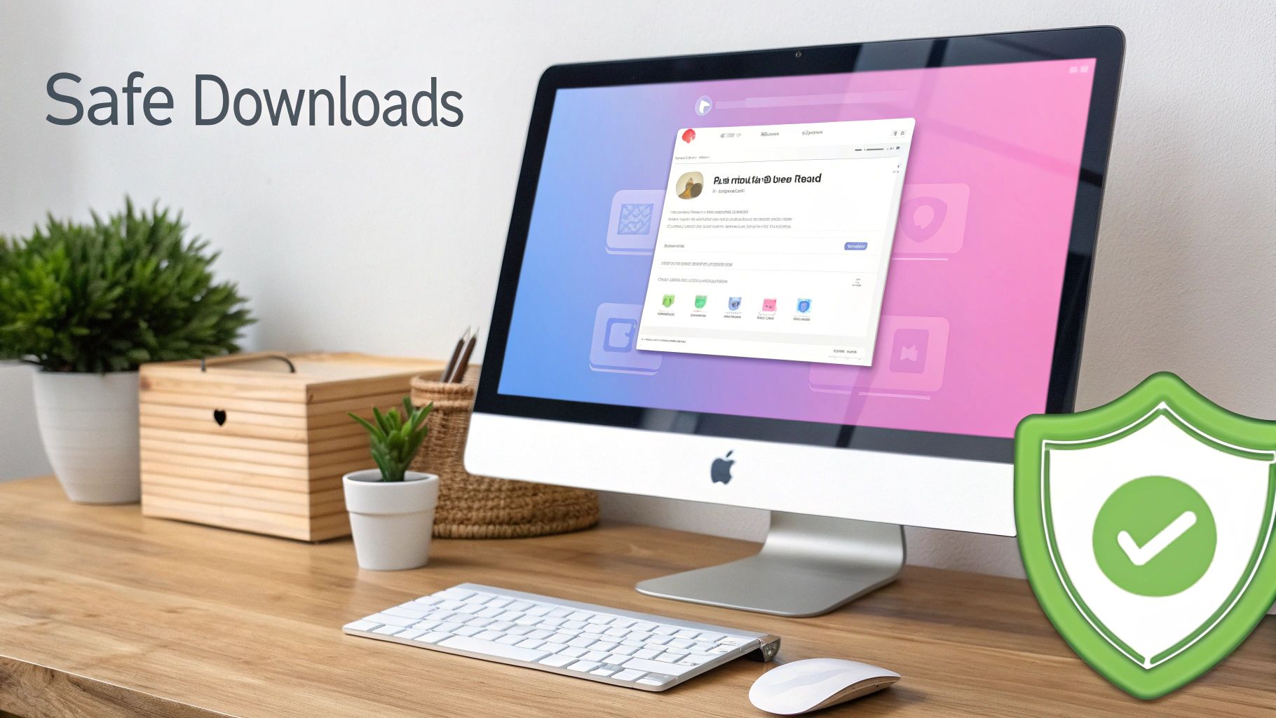 Computer displaying safe download interface with security shield icon on clean desk workspace