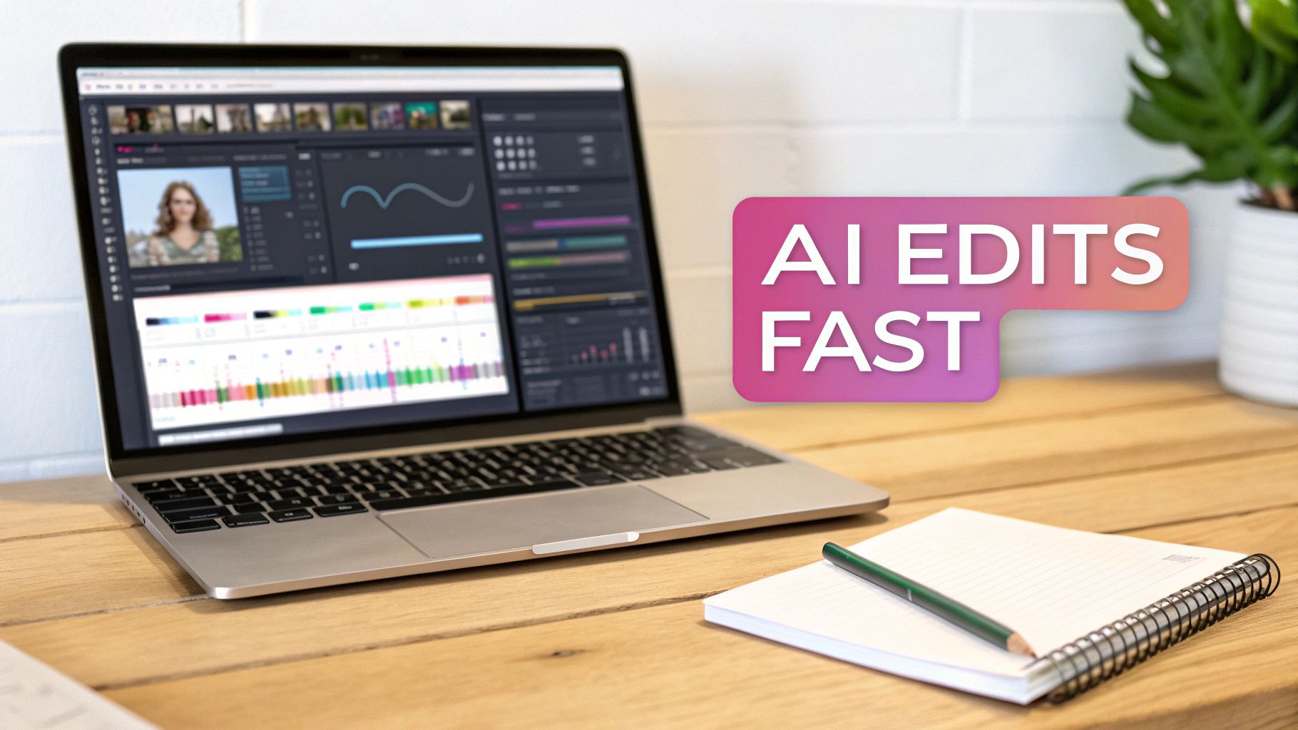 A laptop displaying AI video editing software with a person's image and an 'AI EDITS FAST' banner.