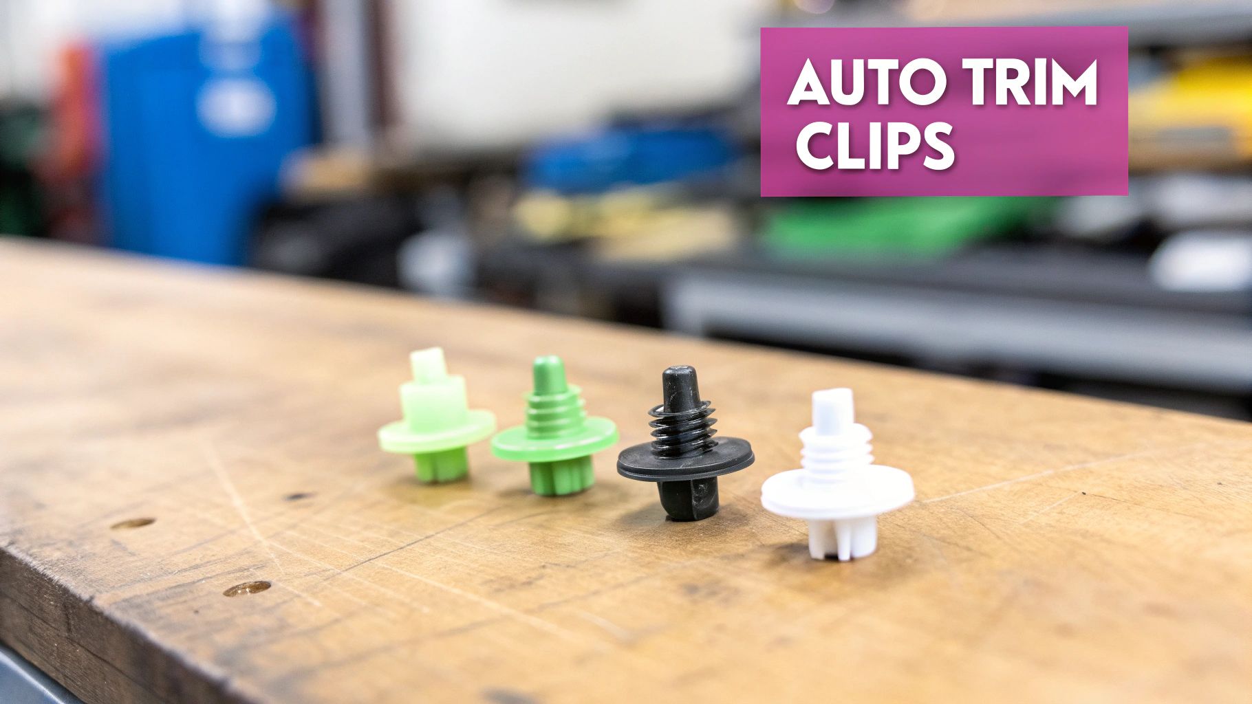 Four assorted plastic auto trim clips in various colors laid out on a wooden workbench.