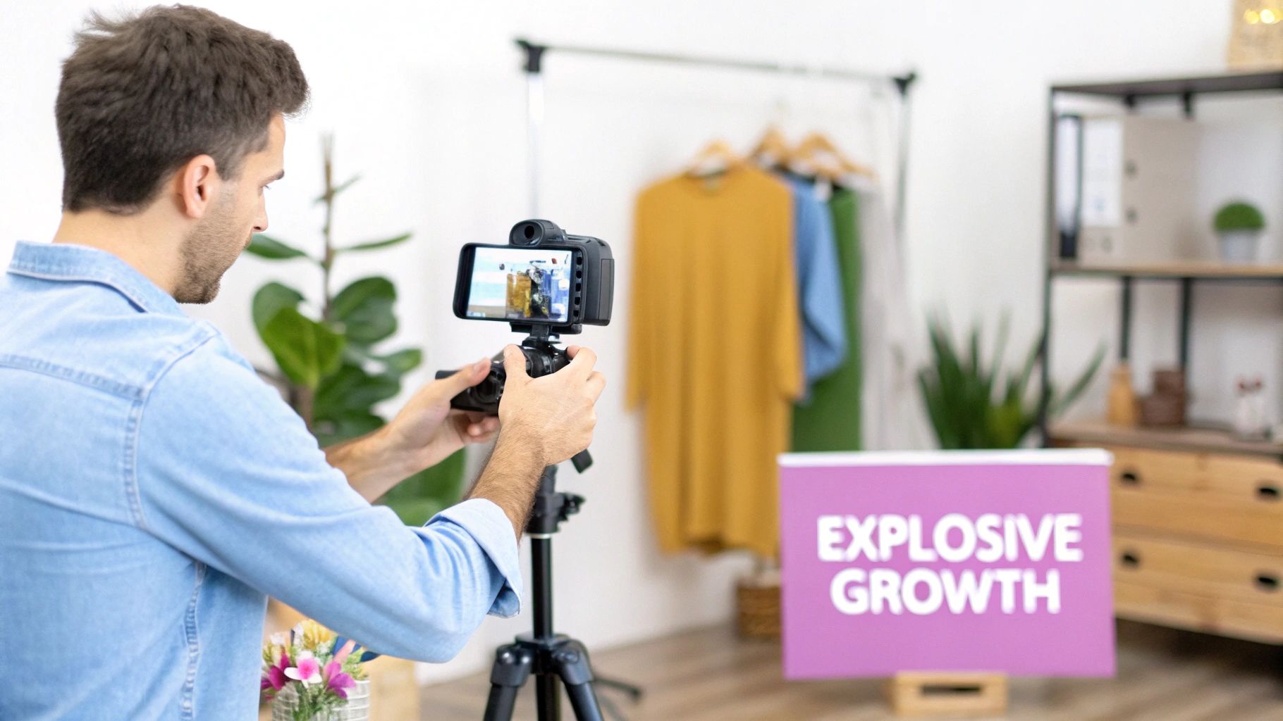 A man films a video with a camera on a tripod, showing clothes and an 'EXPLOSIVE GROWTH' sign in the background.