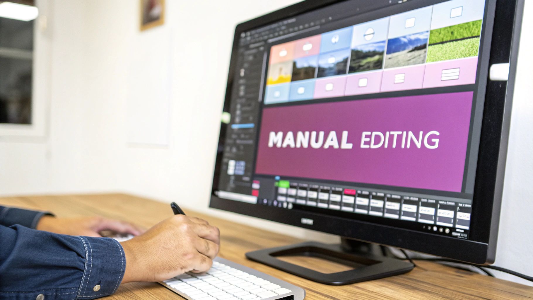 Close-up of a person manually editing videos on a computer monitor with a pen.