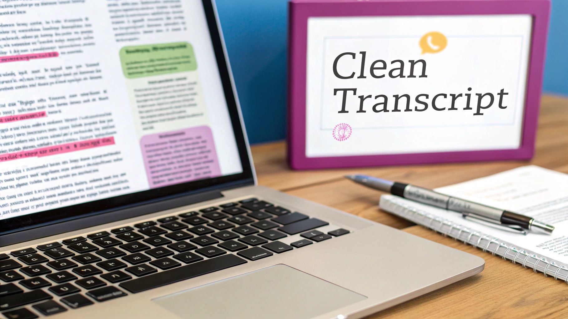 A laptop displays a document with highlighted text, next to a 'Clean Transcript' sign, pen, and notebook on a wooden desk.