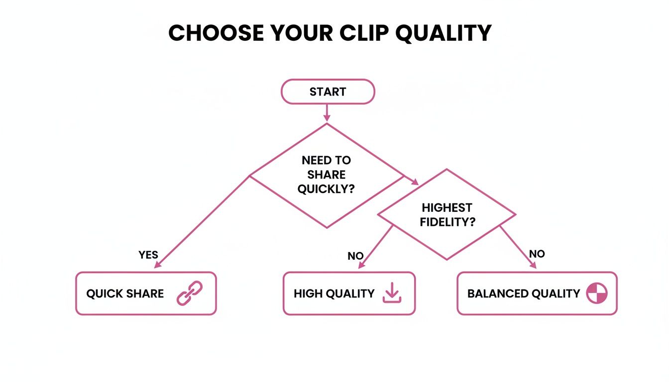 A flowchart guides users to choose clip quality: Quick Share for speed, High Quality for fidelity, or Balanced Quality.