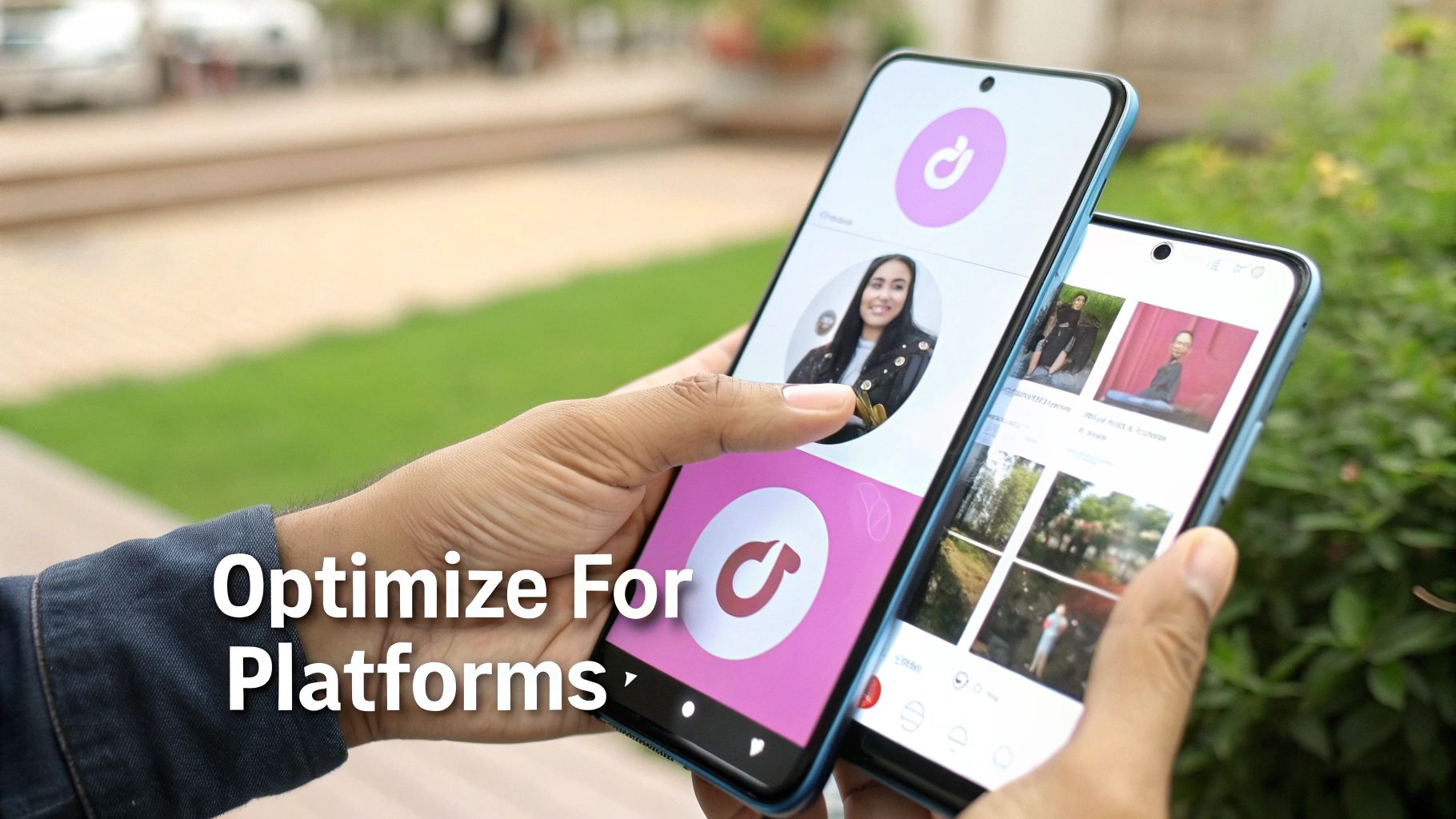 A person editing a video on a large monitor, with social media icons floating around them.