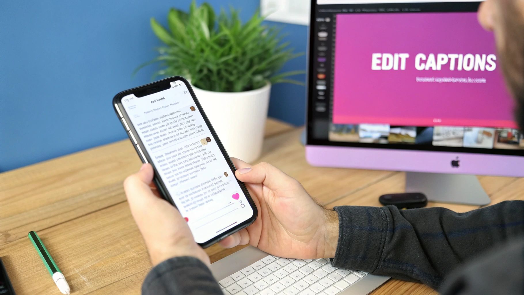 A person holds a smartphone scrolling through content, with a monitor displaying 'EDIT CAPTIONS'.