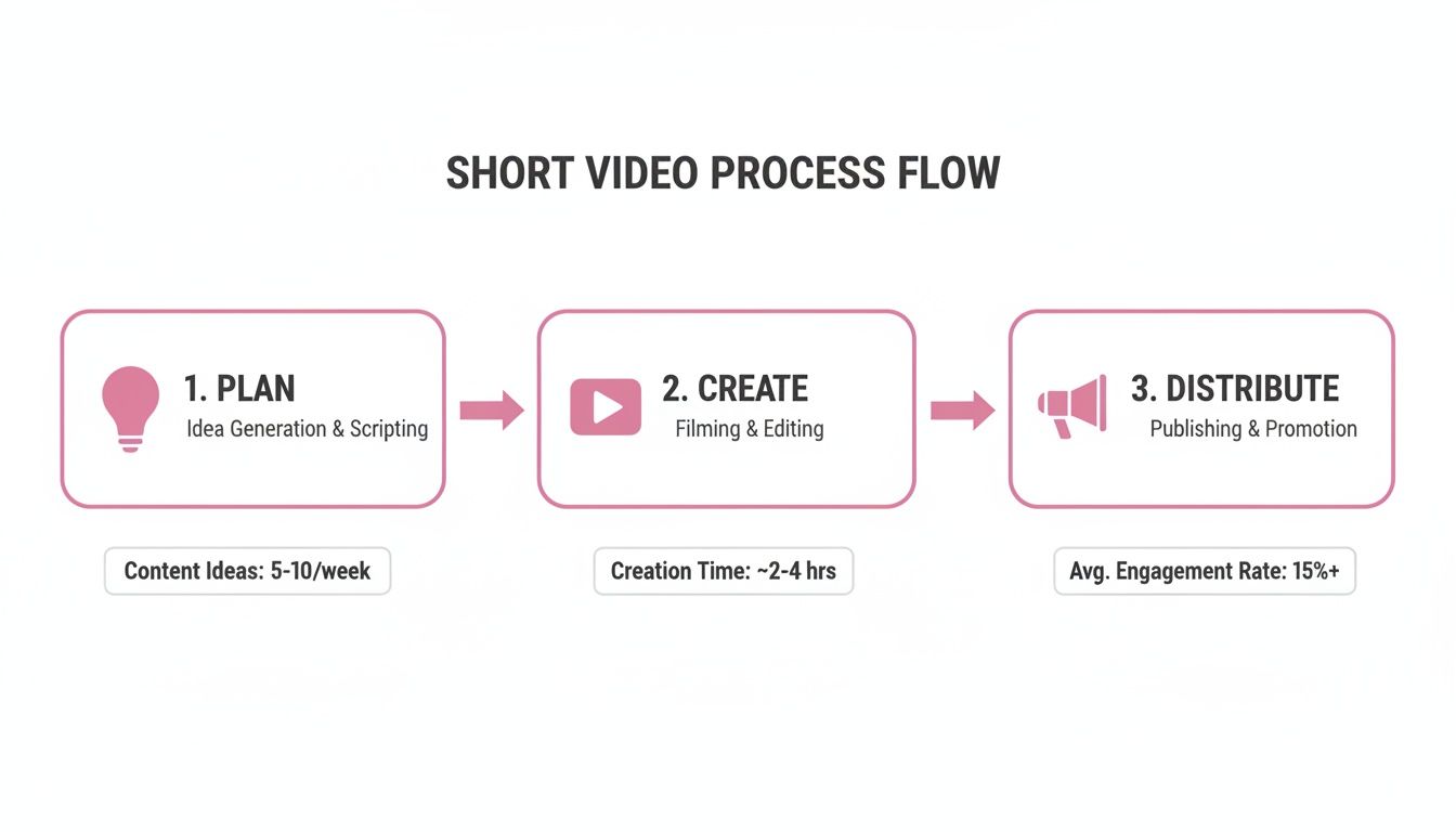 A three-step short video creation process flow: Plan, Create, and Distribute, with key metrics.