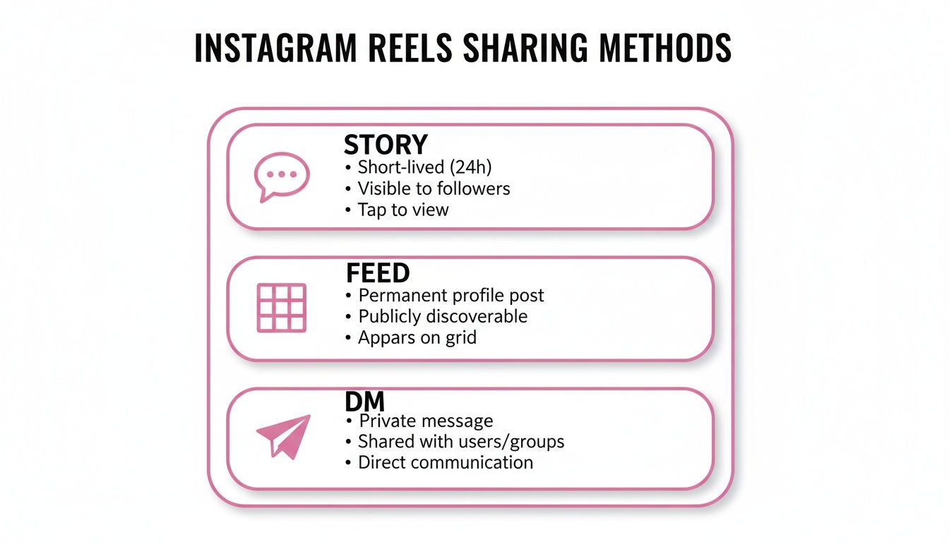 Diagram illustrating Instagram Reels sharing methods: Story, Feed, and DM, with key features.