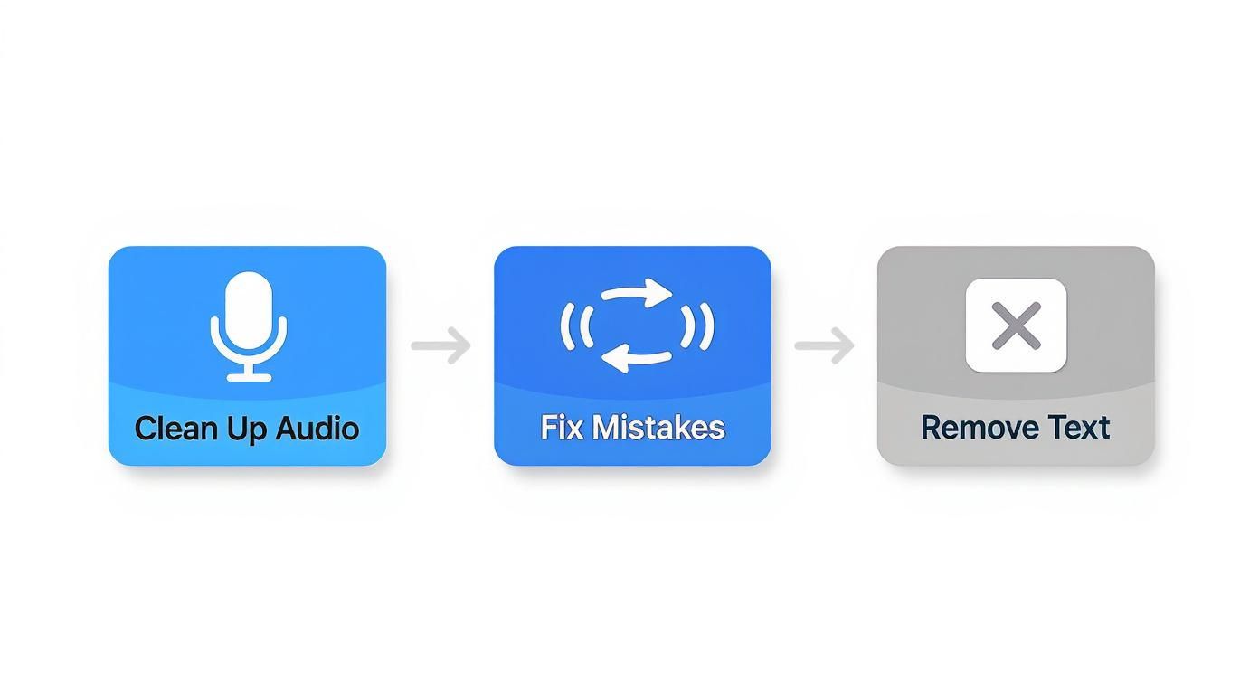 A workflow diagram illustrating three steps: Clean Up Audio, Fix Mistakes, and Remove Text.