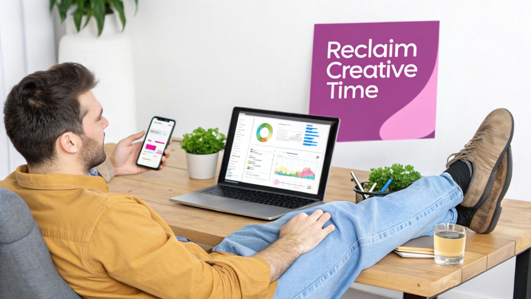 A man with his feet on a desk, looking at his phone next to a laptop displaying charts.