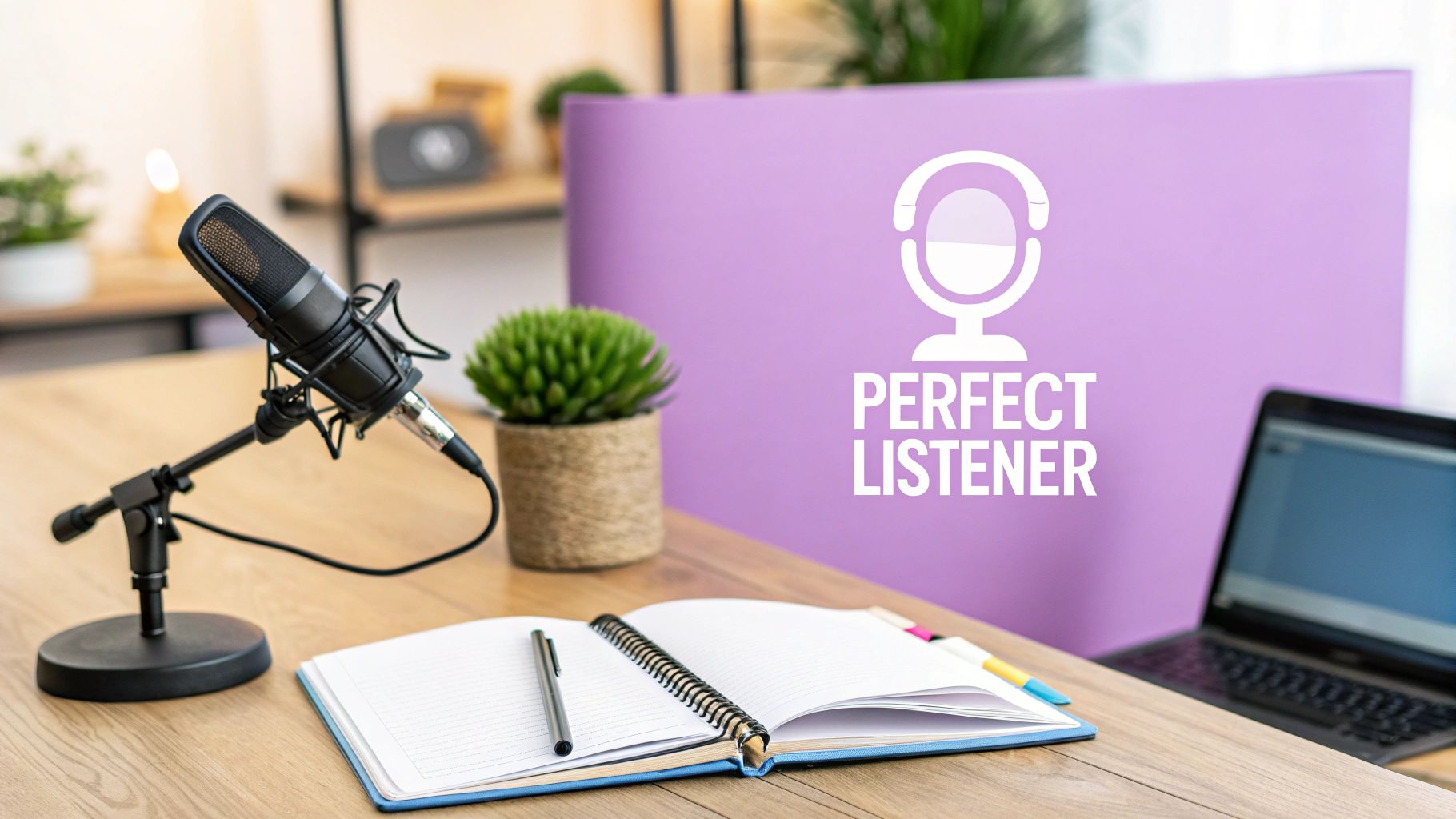 A podcaster speaking into a microphone with professional recording equipment in a home studio.
