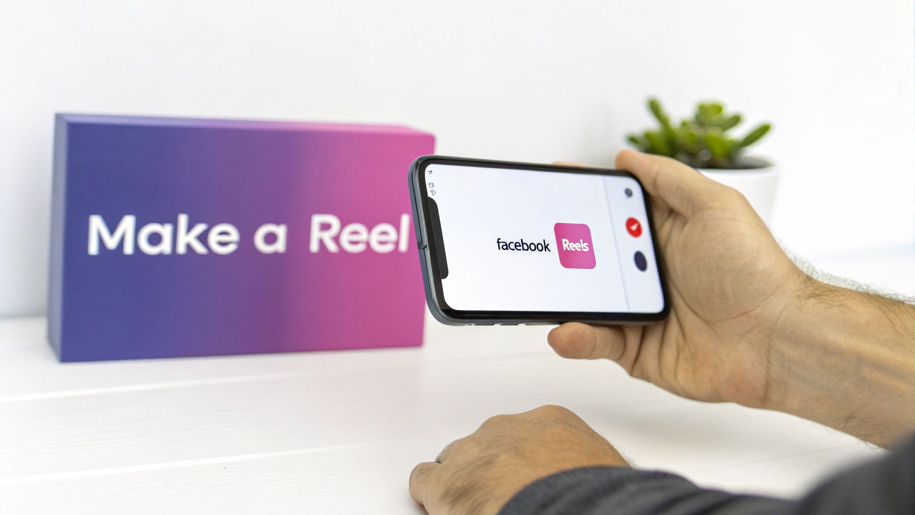 A hand holds a smartphone displaying the Facebook Reels app, with a 'Make a Reel' box nearby.