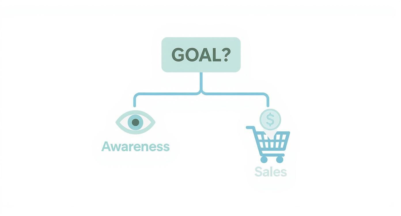 Flowchart illustrating two main business goals: brand awareness represented by an eye icon, and sales by a shopping cart.