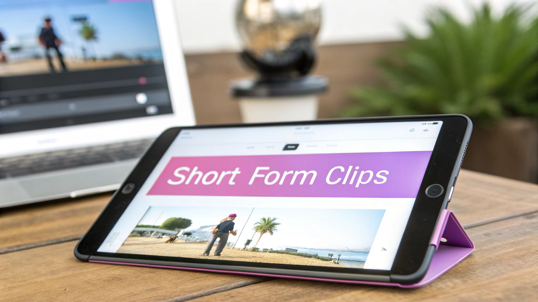 A tablet displaying "Short Form Clips" and a beach photo, with a laptop in the background on a wooden table.