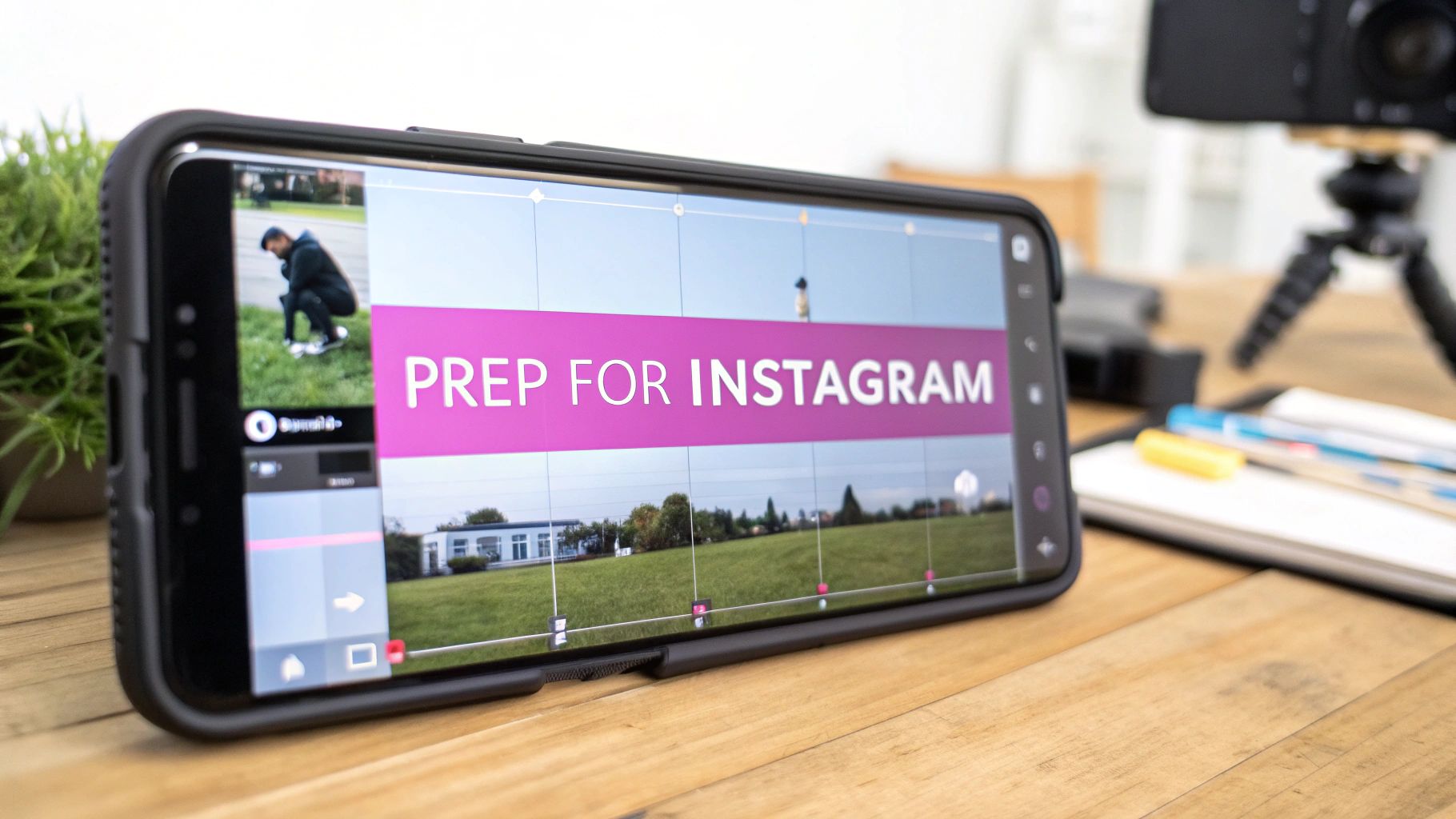 A smartphone screen displays a video editing app with a pink 'PREP FOR INSTAGRAM' title card.
