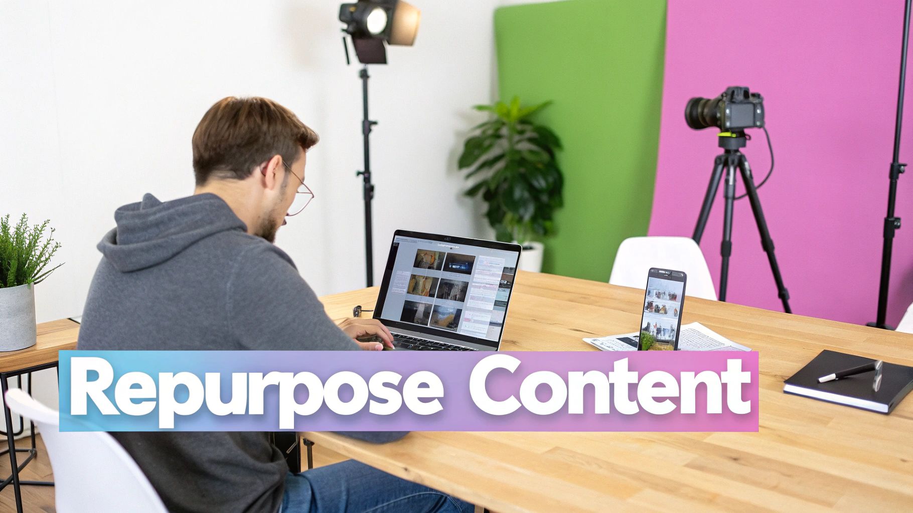 A person works on a laptop at a studio desk with a camera, lights, and 'Repurpose Content' text.