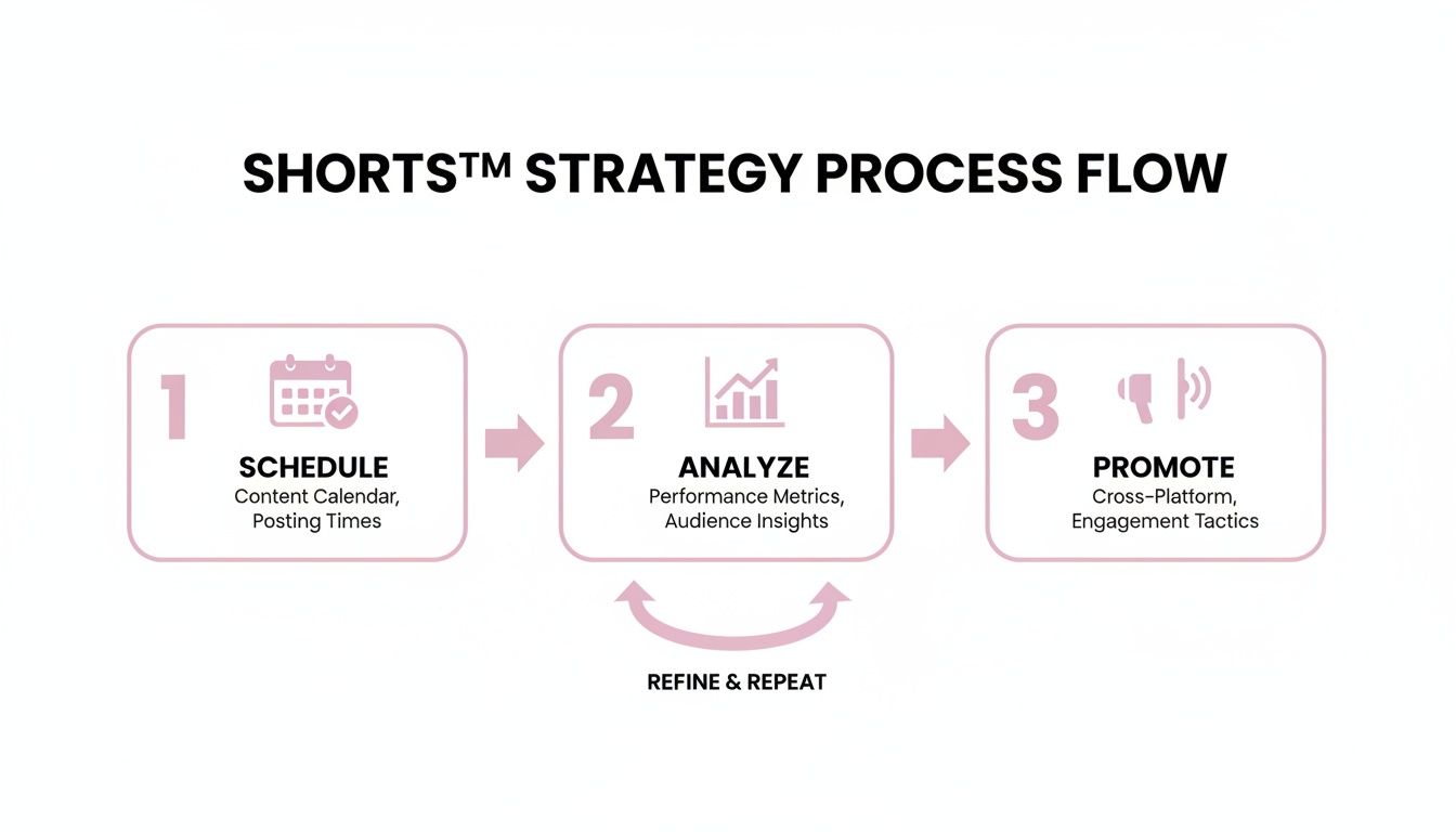 Strategy process flow for Shorts, outlining steps for scheduling, analyzing, and promoting content.